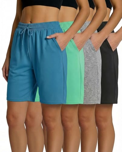 Image of 4 Pack: Women's Dry-Fit Athletic 7 inch Bermuda Long High Waisted Running Shorts Available in Plus Size Set
