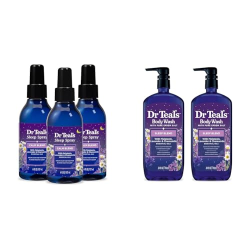 Dr Teal's Sleep Spray with Melatonin & Essential Oil Blend, 6 fl oz (Pack of 3) & Sleep Blend Body Wash with Pure Epsom Salt, Melatonin & Essential Oil Blend, 24 fl oz (Pack of 2)