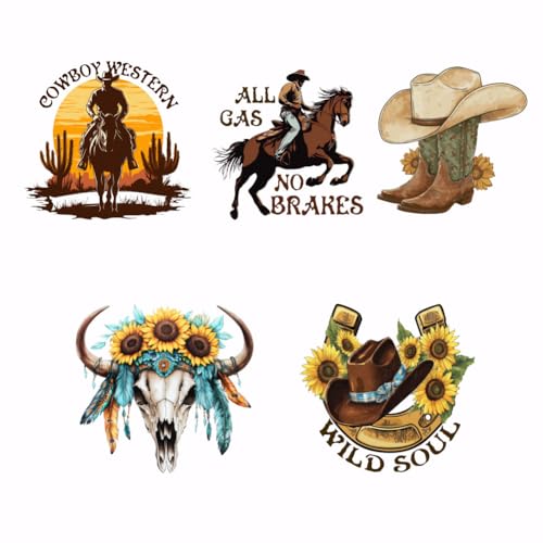 SUPERDANT 5 Pegatinas de Vaquero Occidental para Transferencia de Calor, Imágenes de Planchado para Ropa, Camisetas y Vaqueros