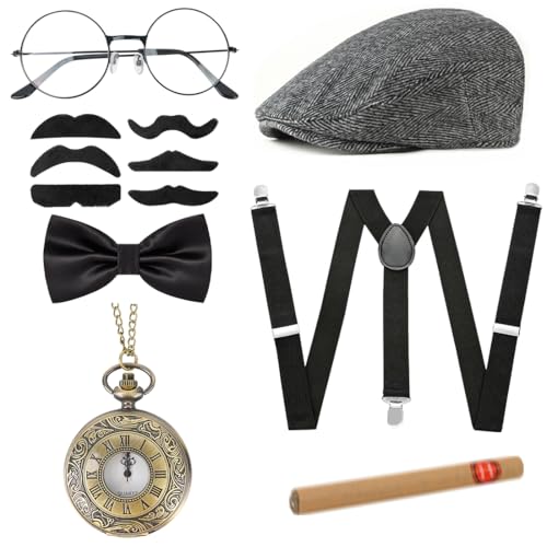 Acessórios disfarces homens anos 20, acessório disfarces gatsby, chapéu do Panamá pulseira, relógio de bolso, gravata-borboleta, óculos com bigode, anos 20 acessório para Mardi Gras, festas