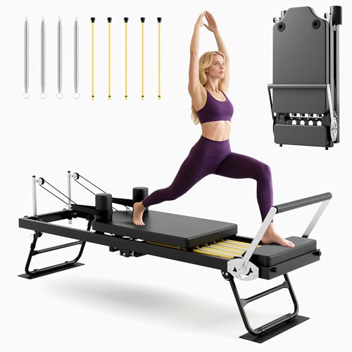 Buytime Pilates Reformer, Foldable Reformer Pilates Machine with Dual Resistance - Springs and Cord, Pilates Machine for Advanced and Beginners Users, Up to 300 lbs Weight Capacity, Black