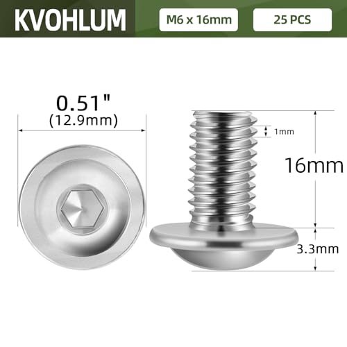 Image of M6-1.0 x 16mm 25 PCS Flanged Button Head Socket Cap Bolts Screws, Stainless Steel 304, Allen Socket Drive, Screwdriver Bit Included, Bright Finish, Fully Machine Thread