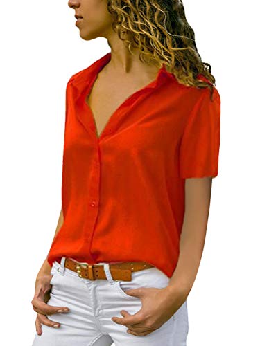 Onsoyours Mujer Blusa Elegante Camisa Suelta Cuello V Color Sólido Manga Corta Tops para Mujer Casual Verano Shirts D Rojo 42