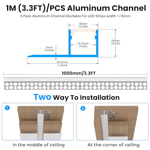 TORLISTAR 5 Pack Plaster-in Drywall LED Channel, 3.3FT/1M Trimless Recessed Aluminum Profile with Milky Cover, Mud-in LED Strip Diffuser for Ceiling, Wall & Strips Lighting (Light NOT Included) by TORLISTAR - Used condition - Image 2