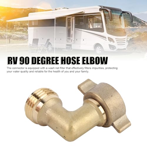 Image of RV 90 Degree Hose Elbow Copper Enhanced Waterflow Efficiency RV Water Hose Connector with Wash Net Filter for Campervan Travel Trailer
