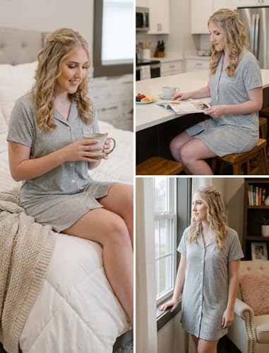 Image of Pjmlifecoco Nightgown for Women Button Down Sleepshirt Short /Long Sleeve Nightdress Soft Modal Sleepwear S-XXL