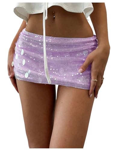 Floerns Womens Sequin Low Waist Mini Skorts Music Festival Night Out Skirt Shorts Light Purple Medium