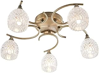 Reagan Decorative Antique Brass Curved Arm Semi Flush Ceiling Light with 5 Patterned Cut Glass Shades