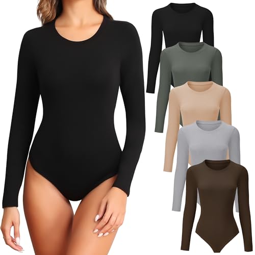 TVKSOM 4/5 Pack Long Sleeve Bodysuit for Women Round Neck Soft Breathable Casual Basic Stretchy Body Suits Tops