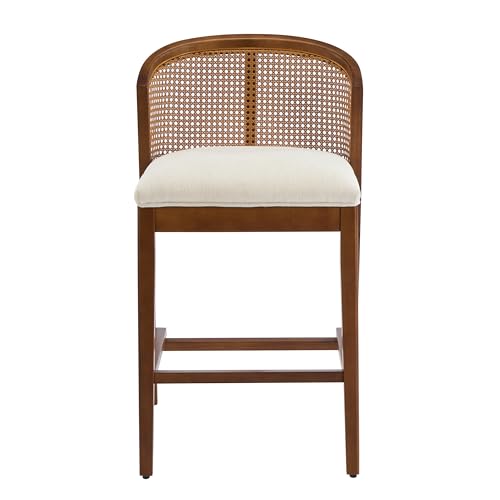Image of Christopher Knight Home Jane Rattan Counter Stools Set of 4, Counter Height Bar Stools for Bar Table, Rubberwood Frame with Upholstered Barstools, Wood Accent Chair with Footrest, Beige + Walnut