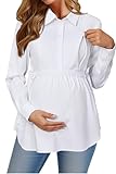 OUGES Women's Maternity Nursing Shirts Long Sleeve Belted Collared Hidden Zippers Breastfeeding Blouse Button Down Work Office Business Casual Pregnancy Must Haves Tops Clothes(White,S)