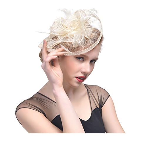 Fashband Bridal Birdcage Veil Fascinator Hat Flower Mesh Feathers on Headband and Clip Cocktail Tea Party Headwear Derby Kentucky Wedding Shower Headpiece Top Hat for Girls and Women (Beige) Cover