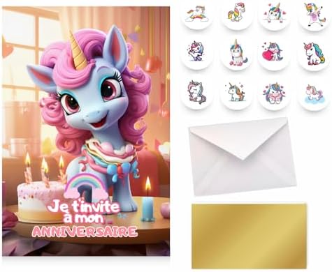 Lot de 10 Cartes d'Invitations Anniversaire Licorne, Kit Fête Enf...