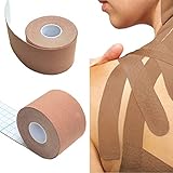 【Especificación】 Cinta de kinesiología de soporte muscular de 5 m / 16 pies de largo, 5 cm de ancho, beige, perfectamente cerca de la piel real, buena para ejercicio, deportes o fisioterapia para ayudar a prevenir y recuperarse de lesiones.