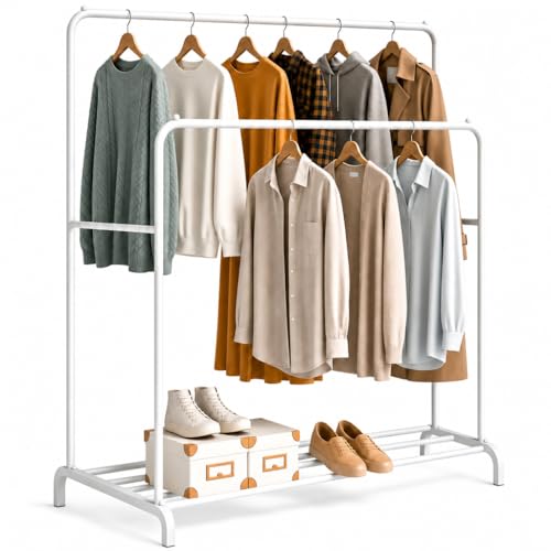 edihome, Stand Appendiabiti, Doppio, 110 x 150 x 54 cm, Vestitore, Appendiabiti da Terra, Resistente, Metallico, con Supporto per Scarpe (Bianco Doppio)