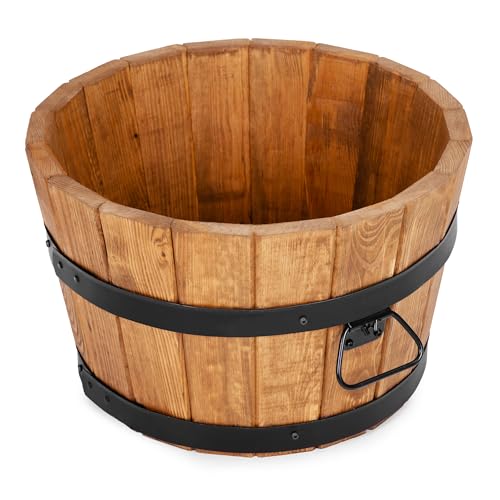 DREWDON Jardinière en bois rond 35 x H21 cm - Petit pot de fleurs en bois de pin en forme de tonneau - 11 L, marron, pour jardin, terrasse et balcon