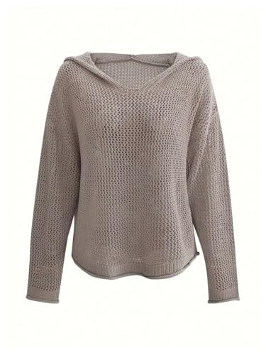 Women's Crochet Hollow Out Hooded Sweaters Long Sleeve V Neck Knit Hoodie Loose Pullover Tops4