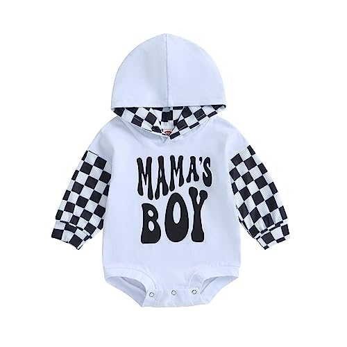 Socutebabe Baby Boy Fall Clothes Long Sleeve Pullover Checkerboard Hoodie Romper Sweatshirt Mama Boy Outfits Sweater Jumpsuit (Mama's Boy-Black,3-6 Months)