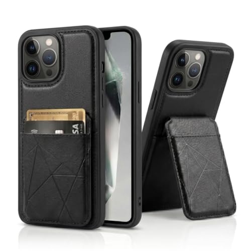 Image of amazon basics Premium Vegan Leather Back Cover with Card Holder and Integrated Mobile Stand for iPhone 14 Pro - Slim Shockproof Wallet Case with Geometric Stitching [Black]
