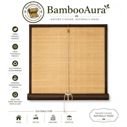 Image of BambooAura Natural Bamboo Roll-Up Window Shade Blind | Light Filtering Bamboo Chick Curtain | Eco-Friendly Sun Protection (4ft x 7ft - W x H) (Natural Beige with Dark Green Border, (4ft x5ft -W x H))