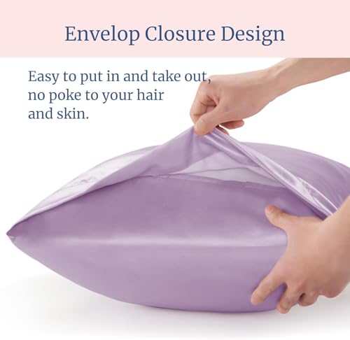 Image of Satin Pillow Covers Set of 2 with 3 Random Satin Hair Scrunchies - Soft, Silky & Gentle Pillowcases for Hair & Skin Care (Lavender)