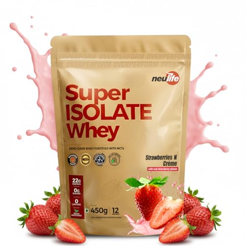 Image of Neulife Super Isolate Whey Protein 450 g | Max Absorption Protein Shake with Patented Ketofuel MCTs | Strawberries & Creme with Real Fruit