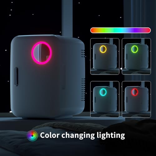Image of Mini Fridge for Bedroom, 4L /6 Cans Small Cosmetic Fridge for Skincare, Makeup & Drink, With LED Light Mirror, Portable Desk Fridge Cooler and Warmer for Kids, Car, Office, Dorm, White