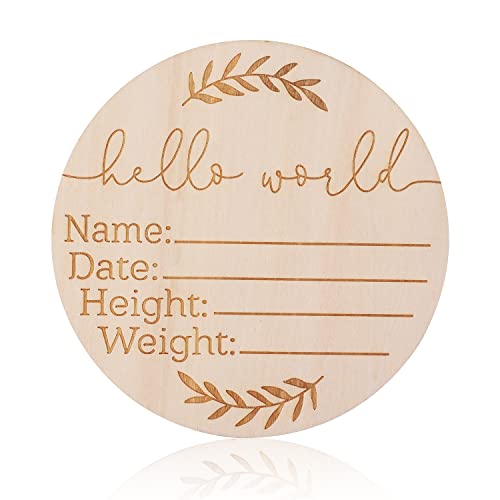 Image of AIEX Wooden Baby Announcement Sign, 5.9 Inch Round New Baby Sign Birth Announcement Sign, Baby Name Sign Hello World Newborn Welcome Sign for Hospital Photo Prop Baby Shower Nursery Gift