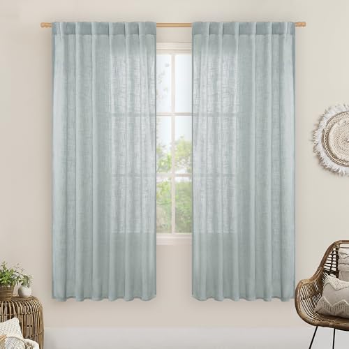 LAMIT Light Filtering Linen Curtains 68 inches Long for Bedroom, Faux Linen Textured Semi Sheer Back Tab and Rod Pocket Modern Drapes for Living Room/Farmhouse, Greyish Blue, 2 Panels, 52 x 68 Inch