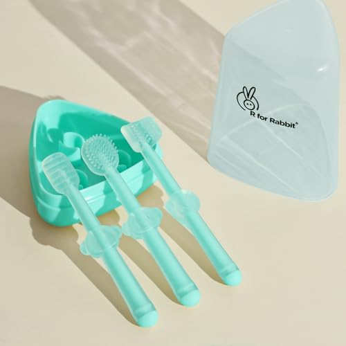 Image of R for Rabbit Tiny Smiles Pixie 3-in-1 Baby Toothbrush Set BPA-Free Silicone | Gum Massager, U-Shape & Toddler Brush with Travel Case (3Pcs) | Ultra Soft Teeth Cleaner for 0-18 M Babies (Lake Blue)