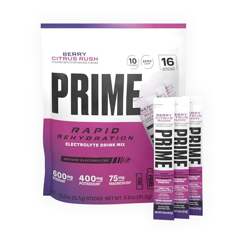 Prime Rapid Rehydration Electrolyte Powder Sticks, Berry Citrus Rush, Sugar Free Hydration Drink Mix with Sodium, Potassium & B Vitamins, Caffeine Free, 16 Count