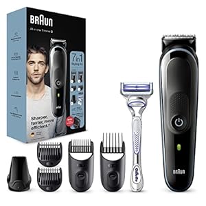 Braun Multi-Grooming-Kit 3, 7-in-1 Barttrimmer und Haarschneider für Haarentfernung Herren, Trimmer/Haarschneidemaschine, für Gesichts- und Kopfhaare, 5 Aufsätze, Geschenk Mann, MGK3342, schwarz/blau