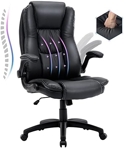 High Back Office Chair, Leather Executive Office Chair, Ergonomic Home Computer Desk Leather Office Chair with Flip-up Arms, Comfortable Double Thickening Padded Big and Tall Office Chair