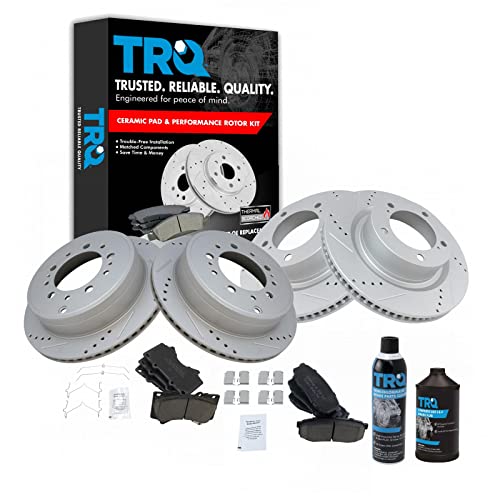 TRQ Brake Rotor Coated & Ceramic Pad & Hardware Front Rear Kit w/Chemicals Compatible with 2016-2020 Lexus LX570 Toyota Land Cruiser 2008-2020 Sequoia 2007-2020 Tundra