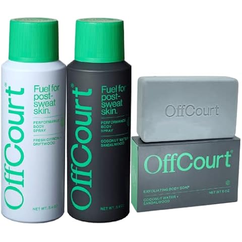 OffCourt - Exfoliating Body Soap and Performance Body Spray (2pack) in Coconut Water + Sandalwood Scent and Fresh Citron and Driftwood Cover