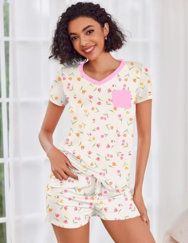 Image of Ekouaer Womens Pajama Sets Short Sleeve Pajamas for Women Sets Soft Lounge Sets Casual V Neck Sleepwear PJS