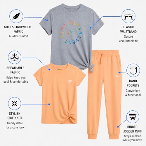 Image of Reebok Girls Sweatpant Set - 3 Piece Athletic Short Sleeve Girls Shirts and Jogger Sweatpants with Pockets - Kids Workout Set