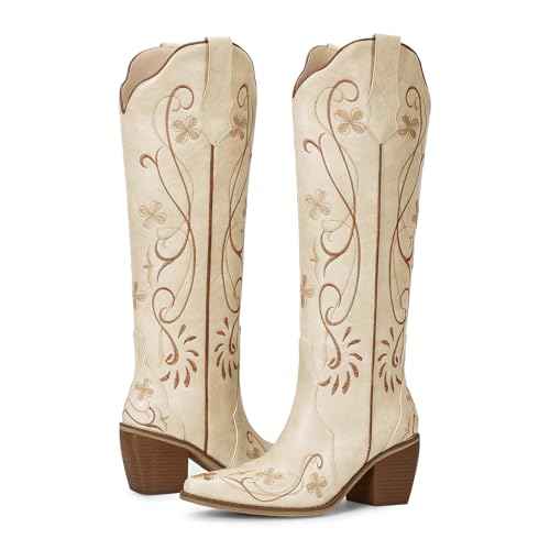 Image of wetkiss Knee High Cowboy Boots for Women, Stable and Comfortable | Western Style,Cowgirl Boots,Versatile,Pull On,Various Occasions,Non-slip Sole,Bohemian Rural Style