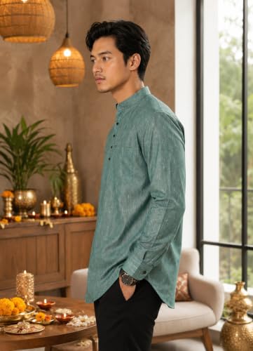 Image of Majestic Man Men's Cotton Blend Textured Regular Fit Full Sleeve Short Kurta