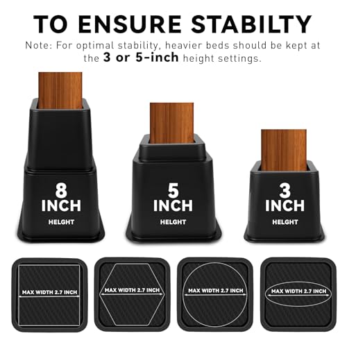 NKPOPHETE 8 inch Bed Risers Adjustable Furniture Risers - Heavy Duty Non-Slip Lift Supports for Beds/Couches/Sofas, Durable Square Design with Creates Storage Space (9 Pack Black, 3/5/8 lnch Square) — view 3