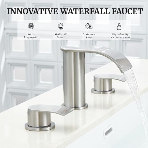 Ultimate Unicorn 8 inch Bathroom Faucet Brushed Nickel, Waterfall Bathroom Faucet with Metal Pop-up Sink Drain Stopper and 2 Supply Hoses,2 Handle Widespread Faucets for Vanity Sink 3 Holes by Ultimate Unicorn - Used condition - Image 9