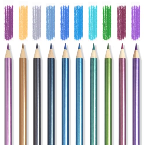 Mifuner 10Pcs Metallic Colored Pencils Set Oil Based Drawing Pencils Pre-sharpened Wooden Professional Sketch Pencil Art Supplies for Adults Coloring Books No Duplicates