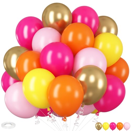 Image of HILAVO Pink Orange Yellow Balloons, 12 Inch Hot Pink Orange Yellow and Gold Balloons for Birthday Graduation Summer Tropical Party Fall Thanksgiving Tequila Sunrise Sunset Party Decorations