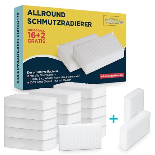 HULKIES Cleanline Premium Melamin Schmutzradierer Jumbo-Pack (16+2 GRATIS) Profi Zauberschwamm für Küche & Bad, CHEMIEFREI, zuschneidbar, extra Starke Qualität