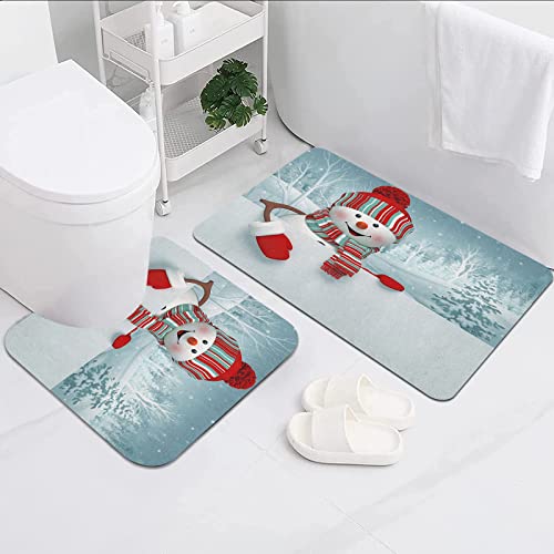 FALOME 2-teilige rutschfeste Badematte,Schneemann lächelndes Maskottchen im 3D-Stil mit Hut und Schal Snowy Mountains…