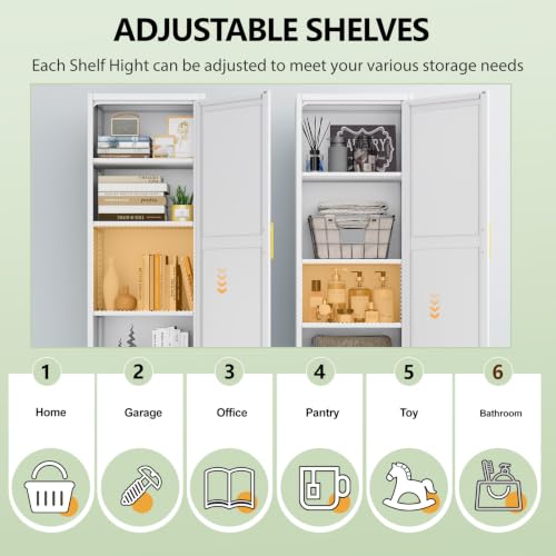 Image of Tall Narrow Pantry Cabinet for Kitchen, 67 inch H Metal Storage Cabinet with Drawers, Doors & 3 Adjustable Shelves for Dining Room, Living Room, Home Office, 20 inches Wide, White