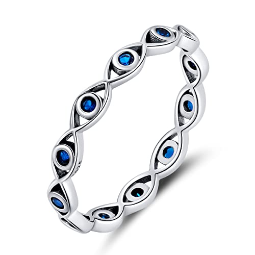 Evil Eye Infinity Ring for Women: 925 Sterling Silver Blue Eyes Stackable Rings Wedding Eternity Band Engagement Promise Cubic Zirconia Bands, Cute Rings Jewelry Birthday Presents Size 6-9