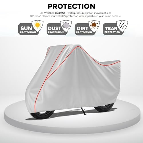 Image of Taffeta Bike Cover Premium Waterproof, Dustproof & UV Protected Two-Wheeler Body Shield | Heavy-Duty, All-Weather Protection | Universal Fit for Motorcycles & Scooters (Silver Red Pipe)