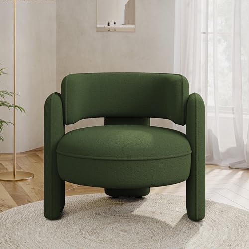 Image of BELLEZE Modern Sherpa Accent Chair, Sherpa Boucle Chair Barrel Accent Chair Comfy Round Upholstered Armchair Side Corner Chair for Living Room, Bedrooms, Office, Reading Nook - Quinton (Green)