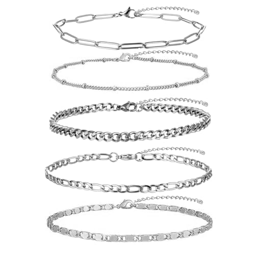 Gold Anklet for Women Men, 14K White Gold Plated Stainless Steel Anklets Set for Women, Waterproof Cuban Figaro Rope Paperclip Beaded Snake Mariner Chain Ankle Bracelet